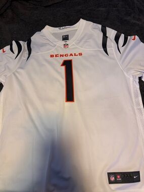 Nike White Bengals #1 Football Jersey with Black and Orange Accents